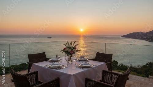 Dinner Setup With Sunset View Over Ocean Near Beach in Evening