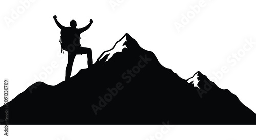 фотографія Mountaineer Silhouette On Peak With Mountain Range Black And White