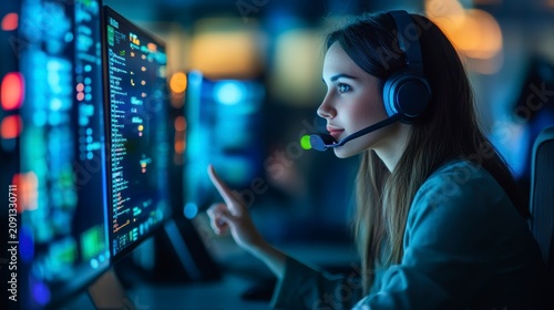 Focused female programmer wearing headset, interacts with large computer screen displaying code.