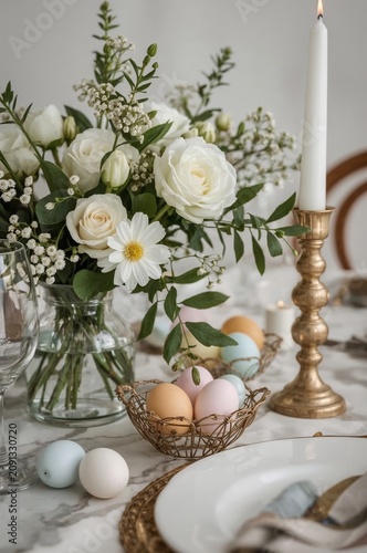 Table Setting With Flowers and Colored Eggs in a Dining Room During Spring Ce...