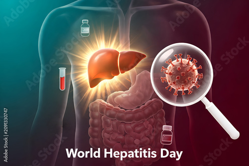 World hepatitis day awareness campaign showing virus, liver health and medical research illustration