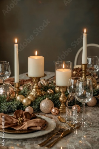 Set Dining Table for Holiday Celebration With Candles and Decorations in Warm...