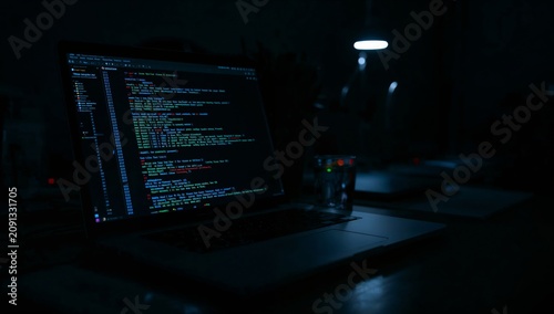 Computer Screen Displays Code in a Dimly Lit Room While Focusing on Programmi...