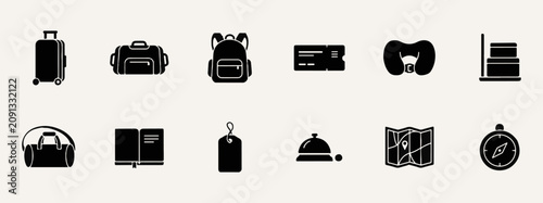 Travel and luggage black silhouette icon set for tourism and vacation planning with boarding pass check in suitcase backpack vacation