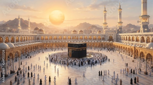 Pilgrims Performing Tawaf Around Kaaba at Sunrise in Masjid al-Haram