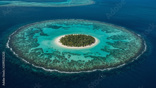Aerial View of a Tropical Island Surrounded by Clear Blue Water and Coral Ree...