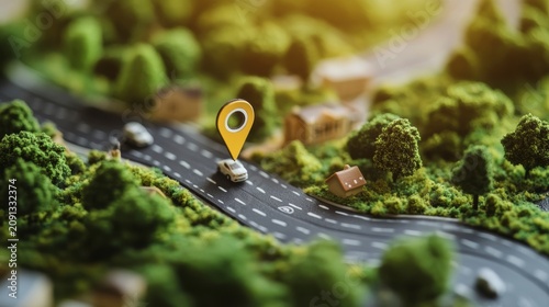 Miniature car on winding road with GPS marker, surrounded by lush green landscape.