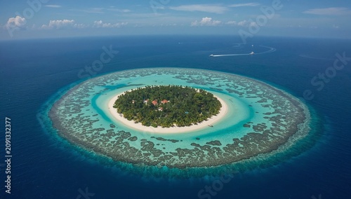 Island With Lush Greenery and Clear Waters in the Ocean Under a Blue Sky With...