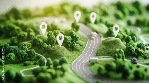 Miniature landscape model with road and location markers.