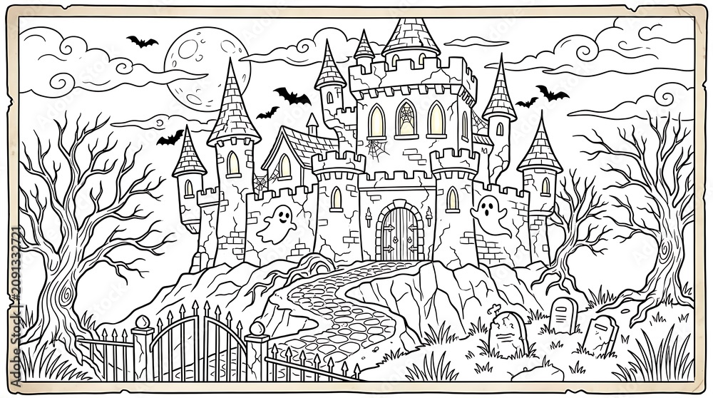 Naklejka premium Spooky Halloween Castle Coloring Page with Ghosts and Bats