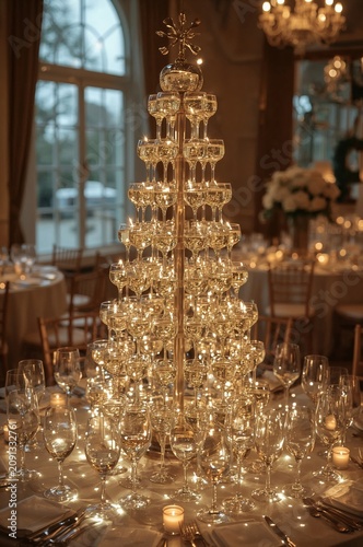 Champagne Tower at a Celebration With Candles and Decorations in the Evening