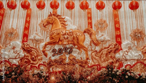Decorative Display of a Golden Horse With Red Lanterns for Celebration in a C...