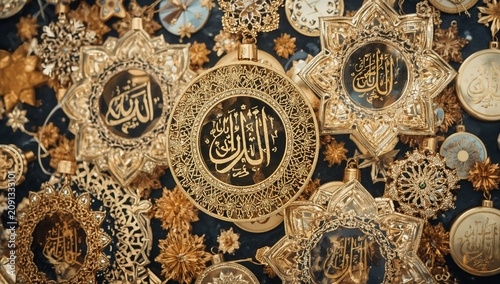 Decorative Gold Items With Arabic Script Arranged on a Dark Background in a C...