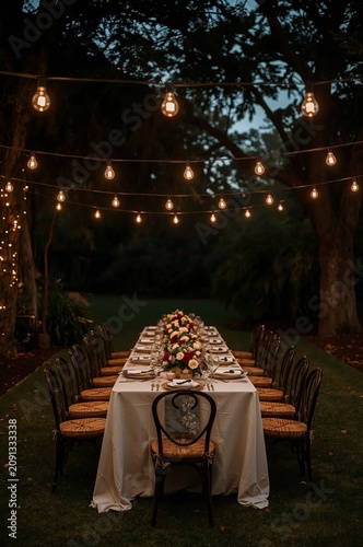 Dinner Setup in a Garden With Lights and Flowers at Dusk