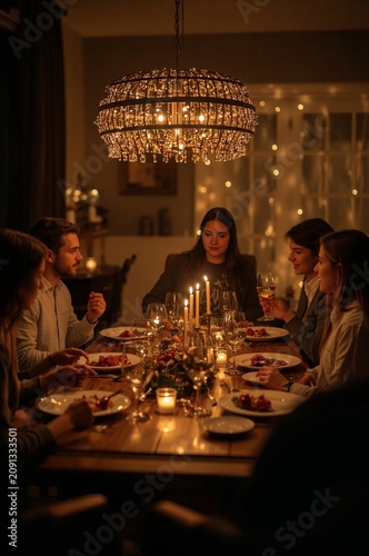 Dinner Party With Friends at a Cozy Dining Table in the Evening Hours