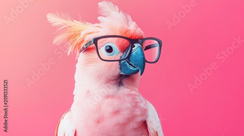 Pink cockatoo wearing glasses against pink background.