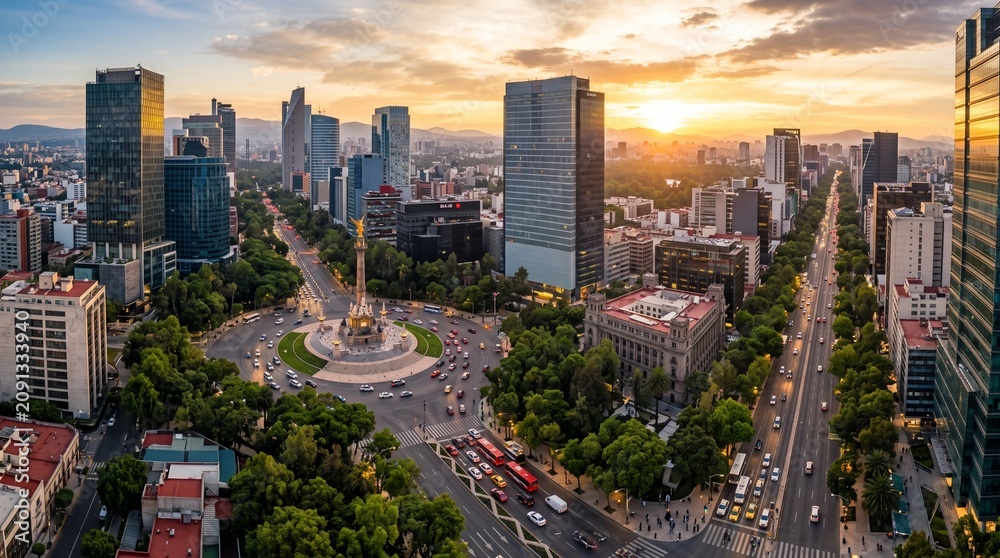 Fototapeta premium Paseo de la Reforma: long, tree-lined avenues; modern office buildings interspersed with historical monuments; bustling urban activity; cinematic lighting at sunrise.