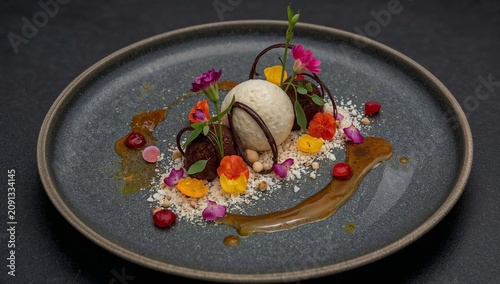 Dessert Served on a Dark Plate With Flowers and Sauces in a Restaurant