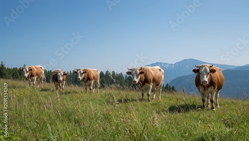 Cows Walk Across a Green Field Under a Clear Blue Sky With Mountains in the B...