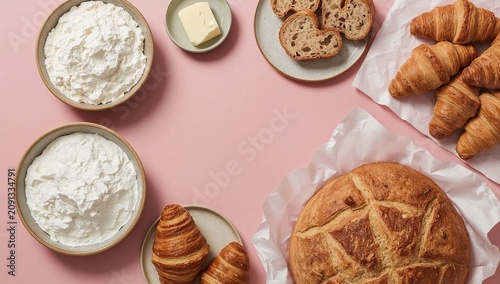 Bakery Scene With Bread, Croissants, Butter, and Cream on a Pink Table