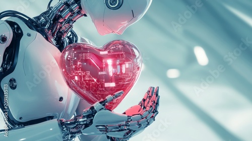 Robot holding a glowing heart, symbolizing AI compassion and technology's emotional impact.