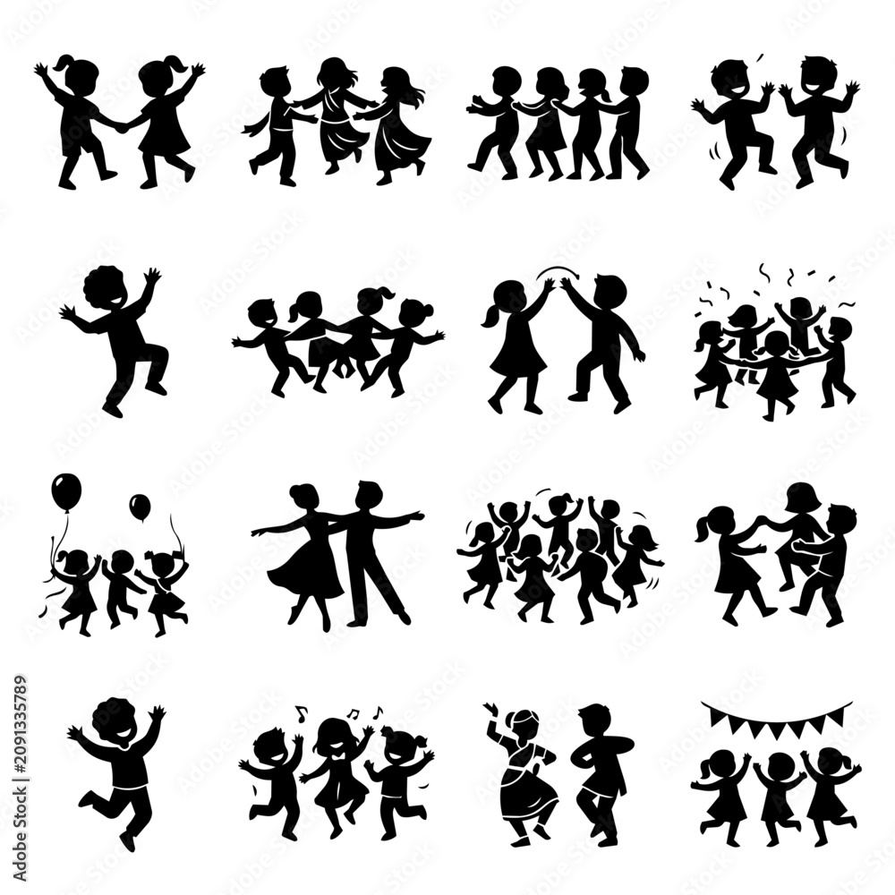 Obraz premium Happy kids silhouettes set of playing jumping and dancing children