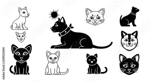 Photography An illustration of a dog and several cats in various poses and expressions