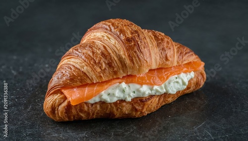Fresh Croissant Filled With Salmon and Cream Cheese on a White Plate