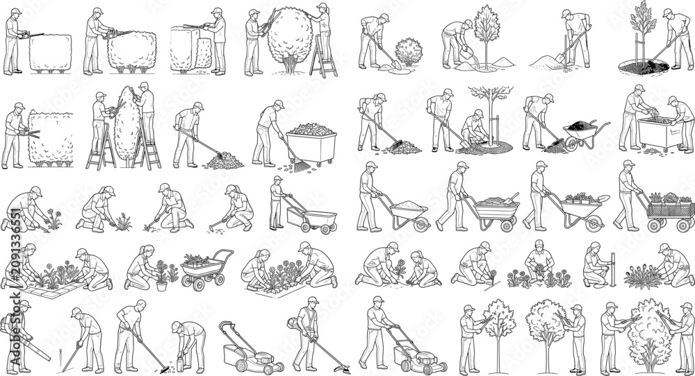 Fototapeta premium Professional Gardener and Landscaping Maintenance Worker Line Art Icon Set Collection