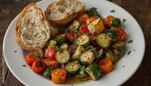 Vegetables and Bread on a Plate Served on a Wooden Table in a Kitchen