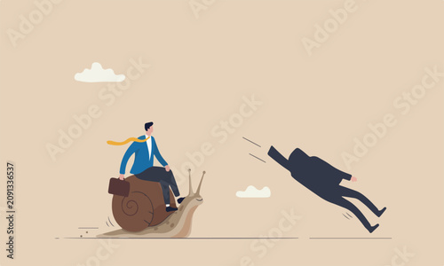 Quadro em tela Slow bigger stupid mistake, businessman idiot leader riding slow snail never rea