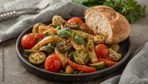 Vegetables and Bread on a Plate Served on a Wooden Table in a Kitchen