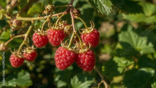 Raspberry Plants With Ripe and Unripe Fruit Hanging in a Garden During Summer...