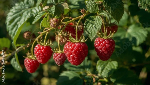 Raspberry Plants With Ripe and Unripe Fruit Hanging in a Garden During Summer...