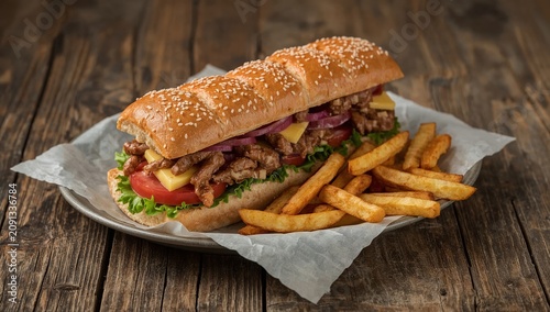 Delicious Sandwich With Grilled Meat, Vegetables, and Fries Served on a Plate