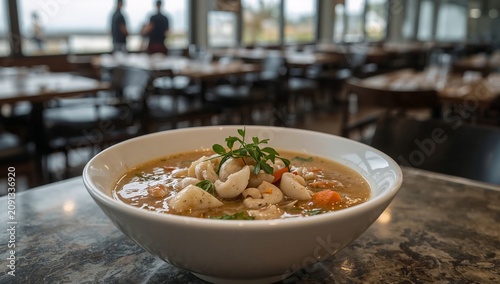 Bowl of Soup on a Table With People in the Background at a Restaurant by the ...