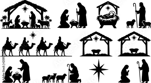 Bild auf Leinwand Nativity Scene and Three Kings Silhouette Set – Manger, Holy Family, Wisemen, Ch