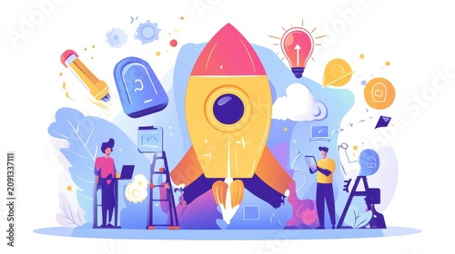 Startup launch concept with team working on rocket ship, innovation, and technology.