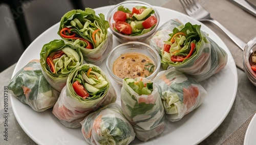 Fresh Spring Rolls Served With Dipping Sauce on a White Plate in a Restaurant...