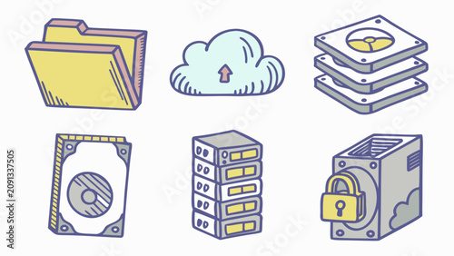 Various data storage devices and security icons are illustrated on a white background.