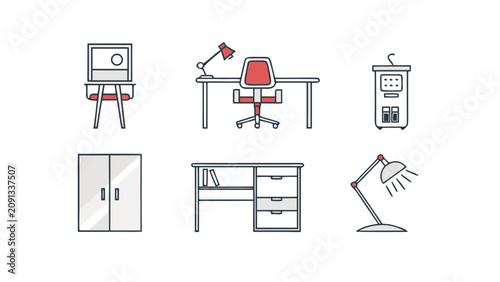 Office furniture and equipment arranged neatly in interior workspace environment with desk lamp