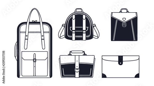 A set of illustrations displays various bags and luggage including a backpack briefcase messenger bag and handbag.