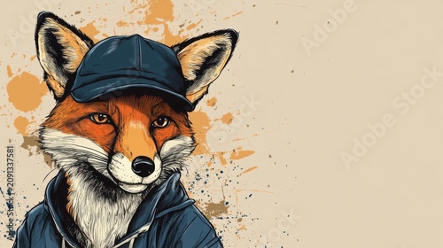 Stylish fox wearing a cap and hoodie against a beige background with paint splatters.