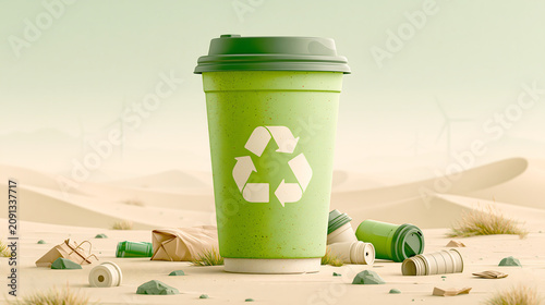 Green cup with recycle symbol in a desert with waste materials scattered around