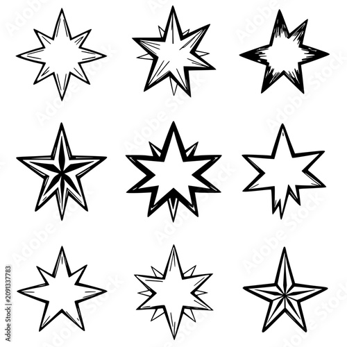 Star set with nine unique black and white shapes arranged in a 3x3 grid, featuring solid, dashed, and crosshatched line styles with minimalist background and crisp vector illustration