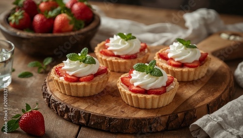 Fresh Strawberry Tarts on a Wooden Board in a Kitchen Setting During the Daytime
