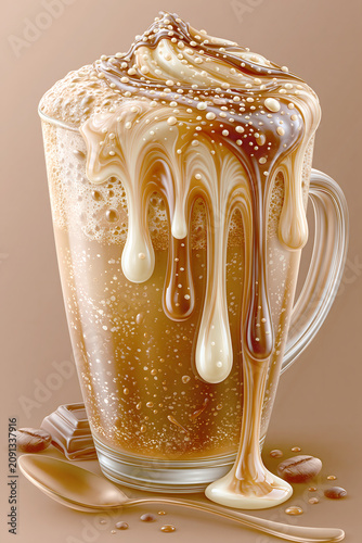 Sweet drink with layers of foam and syrup in a clear glass on a light brown background