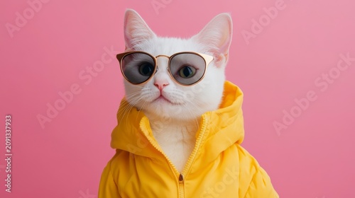 Stylish white cat wearing yellow jacket and sunglasses against pink background.