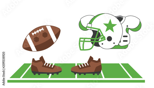 American football equipment including an oval ball, a helmet with a star, shoulder pads, and cleats arranged on a green marked field.