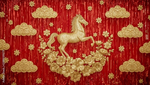 Gold Ornaments Hang From Strings Above a Dark Background During a Holiday Cel...